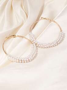 1 đôi bông tai dạng vòng tròn đính hạt ngọc trai giả tinh tế theo phong cách thời trang - trắng - Xem 1