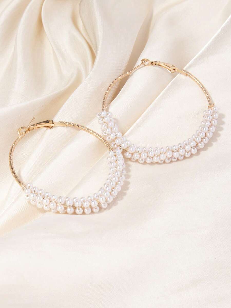 1 đôi bông tai dạng vòng tròn đính hạt ngọc trai giả tinh tế theo phong cách thời trang - trắng - Xem 1