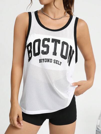 SHEIN EZwear 字母圖案撞色滾邊網紗背心上衣不附帶抹胸