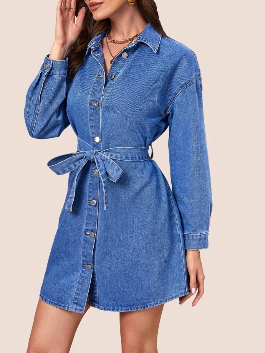 SHEINBlues Coolmax Drop Shoulder Belted Denim Dress - Medium Wash - View 1