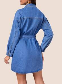 SHEINBlues Coolmax Drop Shoulder Belted Denim Dress - Medium Wash - View 3