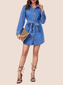 SHEINBlues Coolmax Drop Shoulder Belted Denim Dress - Medium Wash - View 4
