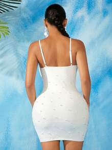 SHEIN SXY 珍珠釘珠胸部褶皺露背緊身連衣裙 - 白色 - 查看 2