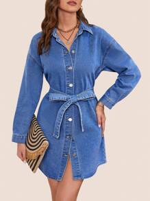 SHEINBlues Coolmax Drop Shoulder Belted Denim Dress - Medium Wash - View 6