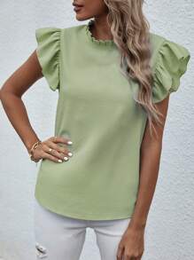 Chiquease Frill Neck Ruffle Trim Blouse - Green - View 4