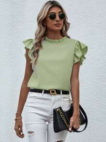 Chiquease Frill Neck Ruffle Trim Blouse - Green - View 5
