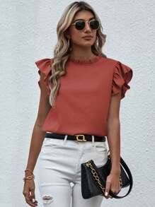Breezaya Solid Color Ruffle Collar Elegant Fashion Summer Short Sleeve Blouse - Burnt Orange - View 6