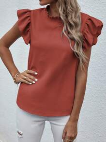 Breezaya Solid Color Ruffle Collar Elegant Fashion Summer Short Sleeve Blouse - Burnt Orange - View 7