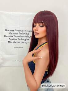 Peluca sintética de cabello liso resistente al calor con flequillo, corte princesa, color rojo vino, 24 pulgadas, 100% tejida a máquina, apariencia natural para uso diario - Rojo - Ver 4