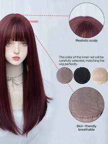 Peluca sintética de cabello liso resistente al calor con flequillo, corte princesa, color rojo vino, 24 pulgadas, 100% tejida a máquina, apariencia natural para uso diario - Rojo - Ver 7