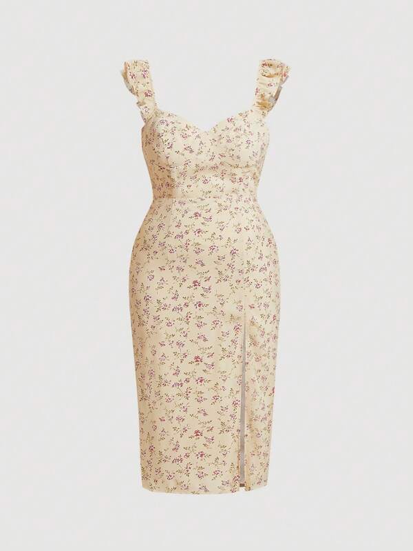SHEIN MOD Kleid mit Blümchen Muster, Rüschenbesatz, Schlitz,