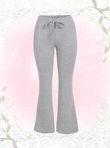 ROMWE Plus Knot Waist Flare Leg Pants - Light Grey - View 1