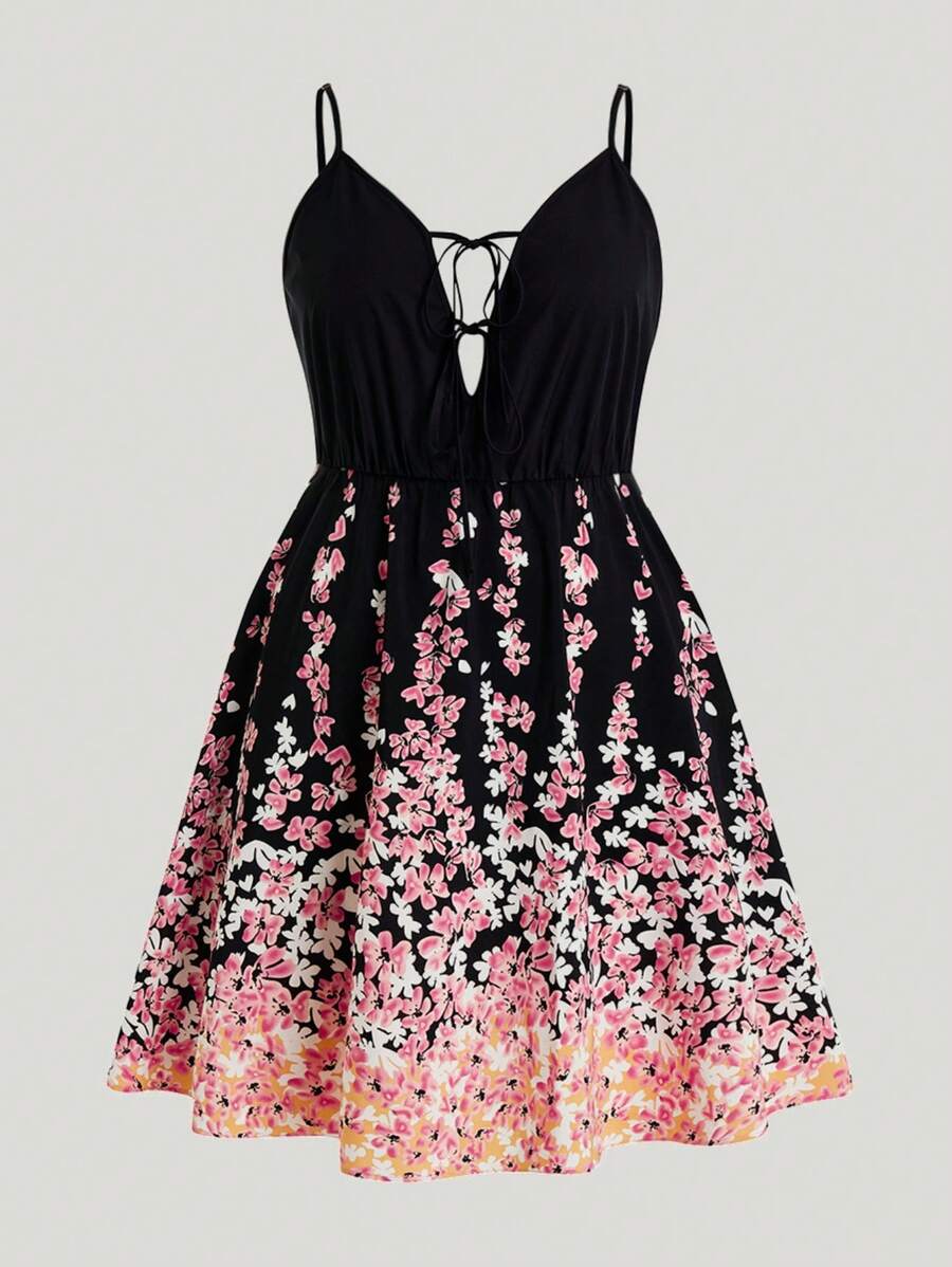 SHEIN Clasi Plus Floral Print Tie Front Cami Dress - Multicolor - View 1