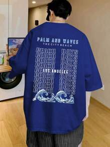 Manfinity 男士波浪和字母圖案T恤 - 藍色 - 查看 2