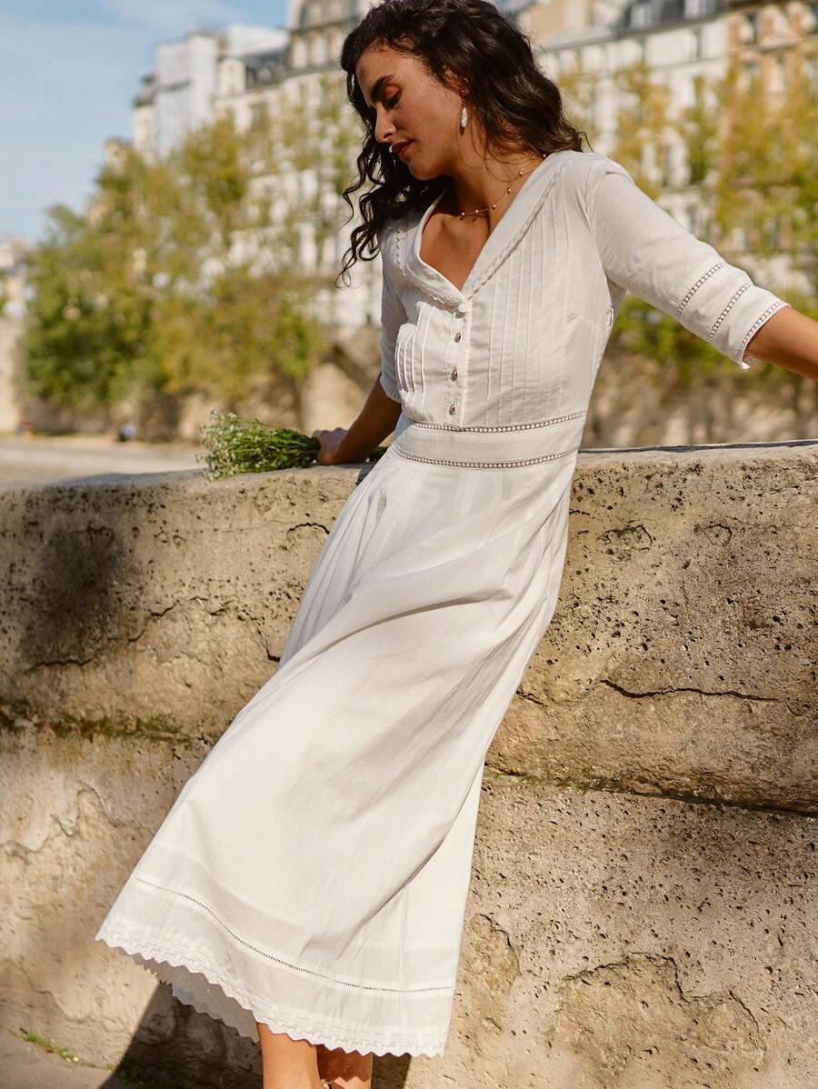 Simple Retro 前紐扣蕾絲邊連衣裙 - 白色 - 查看 1