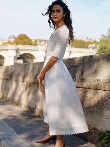 Simple Retro 前紐扣蕾絲邊連衣裙 - 白色 - 查看 3