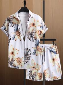 Manfinity Men Random Floral Print Shirt & Shorts - White - View 1