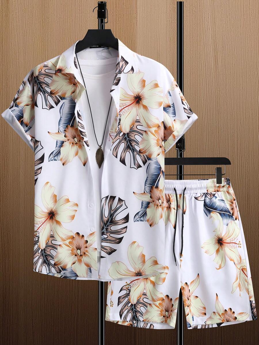 Manfinity Men Random Floral Print Shirt & Shorts - White - View 1