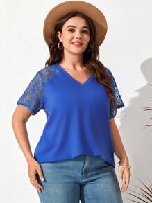 SHEIN LUNE 大碼蕾絲拼接插肩袖T恤 - 寶藍色 - 查看 6