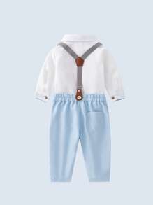 Baby Boy Bow Front Bodysuit & Suspender Trousers - Blue and White - View 1