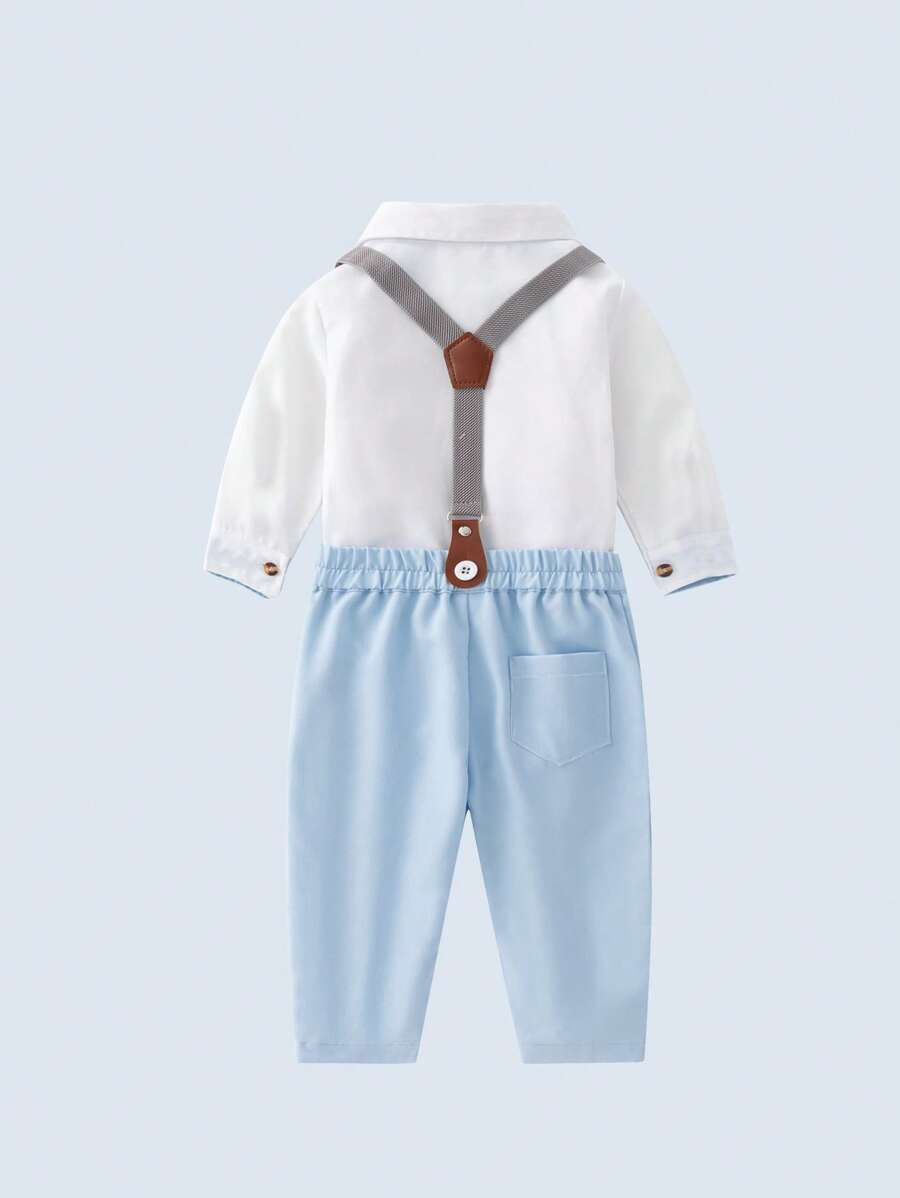 Baby Boy Bow Front Bodysuit & Suspender Trousers - Blue and White - View 1