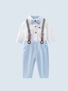 Baby Boy Bow Front Bodysuit & Suspender Trousers - Blue and White - View 5