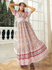 S BETRO Đầm Viên lá sen Dây kéo Dải chun Hoa Bộ lạc Boho - Nhiều màu - Xem 1