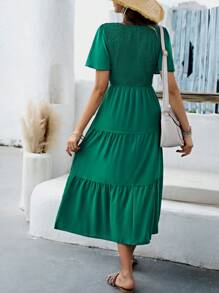SHEIN LUNE Solid Ruffle Hem Dress Maxi Women Outfit - Green - View 2