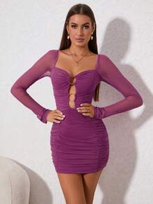 PARTHEA O-ring Front Cut Out Ruched Mesh Bodycon Dress - Purple - View 5
