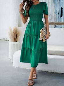 SHEIN LUNE Solid Ruffle Hem Dress Maxi Women Outfit - Green - View 4