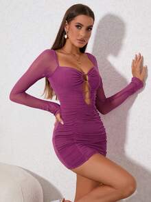 PARTHEA O-ring Front Cut Out Ruched Mesh Bodycon Dress - Purple - View 7