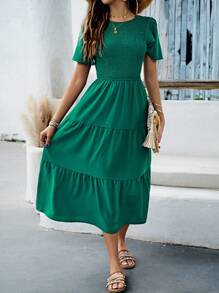 SHEIN LUNE Solid Ruffle Hem Dress Maxi Women Outfit - Green - View 5