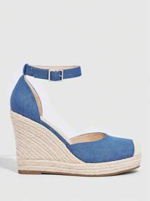 Styleloop 女性踝帶度假牛仔淺口坡跟鞋 - 藍色 - 查看 3