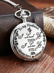 GORBEN 1入組男士女士銀色合金錶帶復古標語圖形圓形錶盤懷錶，生日禮物 - 銀色 - 查看 1