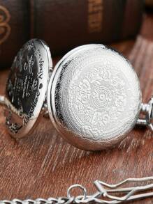 GORBEN 1入組男士女士銀色合金錶帶復古標語圖形圓形錶盤懷錶，生日禮物 - 銀色 - 查看 2