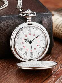 GORBEN 1入組男士女士銀色合金錶帶復古標語圖形圓形錶盤懷錶，生日禮物 - 銀色 - 查看 3