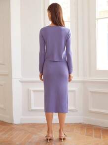 MOTF PREMIUM WOOL MIX CARDIGAN & SPLIT SKIRT - Violet Purple - View 3