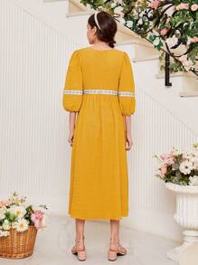 SHEIN 青少年女孩方領蕾絲邊燈籠袖洋裝