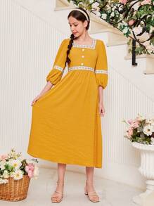 SHEIN 青少年女孩方領蕾絲邊燈籠袖洋裝