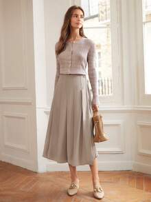 MOTF PREMIUM 飄逸下擺和褶皺半身裙 - 卡其色 - 查看 6