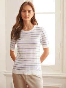 SHEIN Unity Áo dệt kim nữ Sọc Giải trí - Xanh và trắng - Xem 4