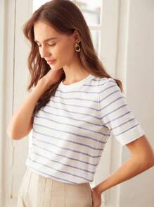 SHEIN Unity Áo dệt kim nữ Sọc Giải trí - Xanh và trắng - Xem 5