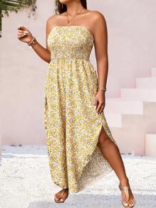 SHEIN SunnyBelle 大碼碎花高衩抹胸連體褲 - 黃色 - 查看 6