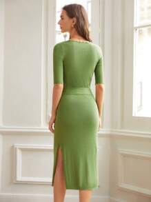 MOTF PREMIUM Ladies áo len váy Thắt lưng Sò điệp Chia Gân đan màu trơn Thanh lịch - Màu xanh chanh - Xem 4