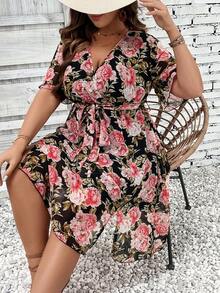 Calvaya 大碼印花蝴蝶袖繫腰帶連衣裙 - 彩色 - 查看 4