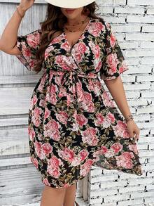 Calvaya 大碼印花蝴蝶袖繫腰帶連衣裙 - 彩色 - 查看 6