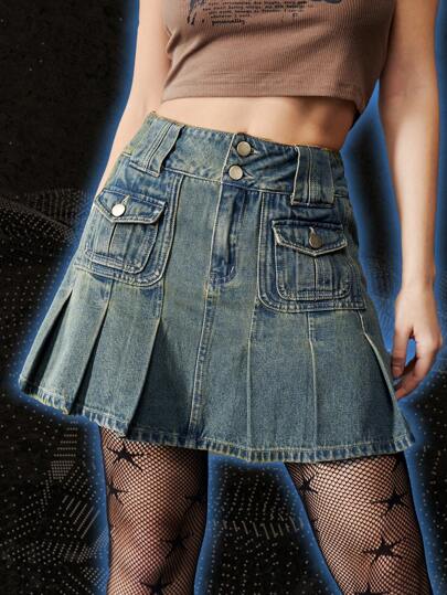 Grunge Punk Flap Pocket Pleated Denim Skirt