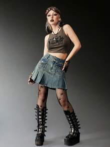 ROMWE Grunge Punk Saias ganga bolso com aba plissado - Lavagem Média - Ver 4