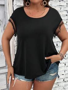 SHEIN LUNE Áo thun Plus size Tương phản ren mép màu trơn Giải trí - màu đen - Xem 3