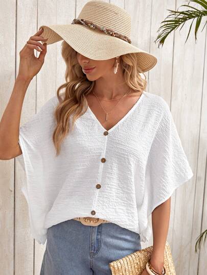 EMERY ROSE 蝙蝠袖前紐扣素色襯衫